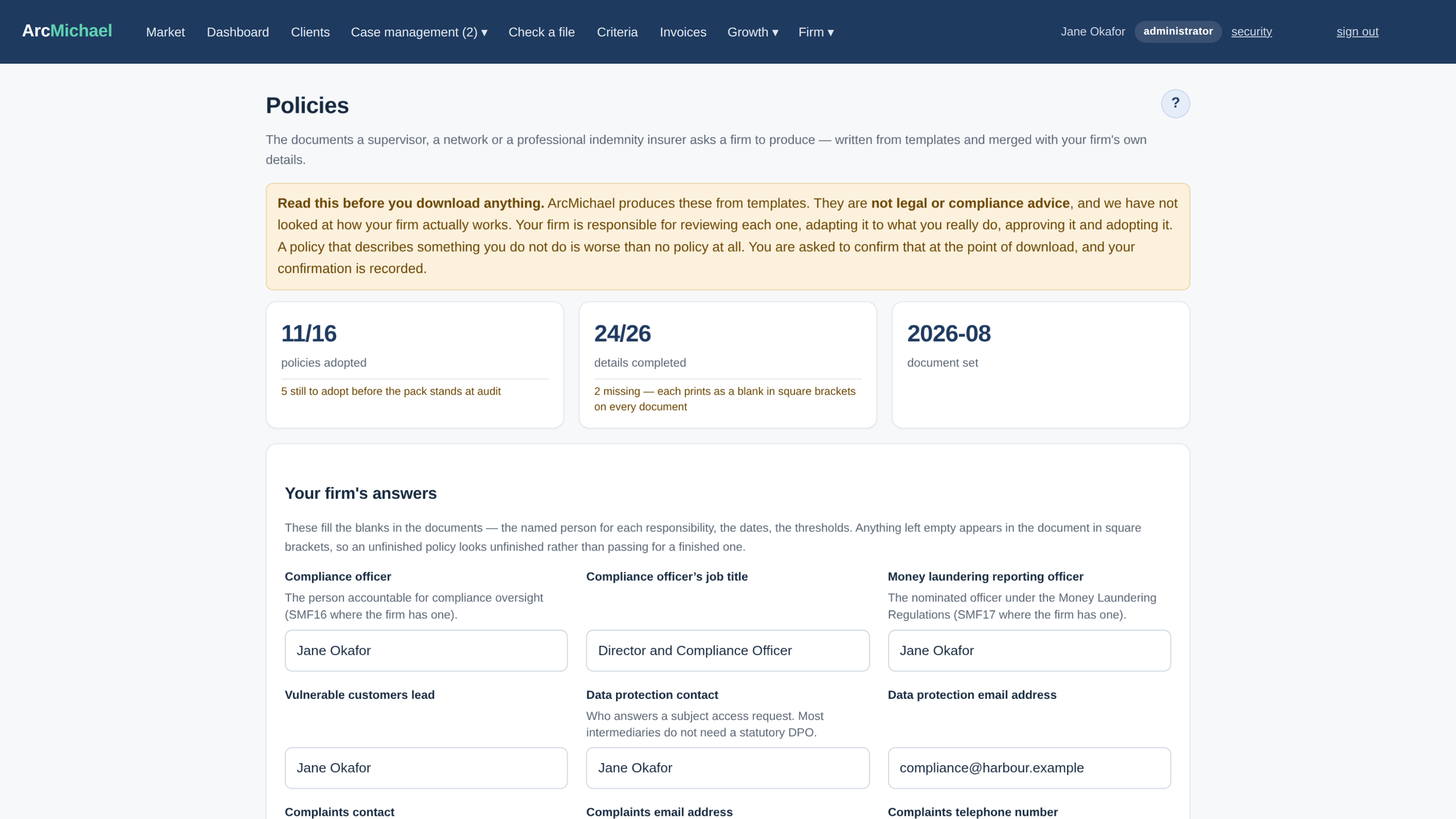 The policy library: each policy stating whether the firm has adopted it, with adoption counted against the total available